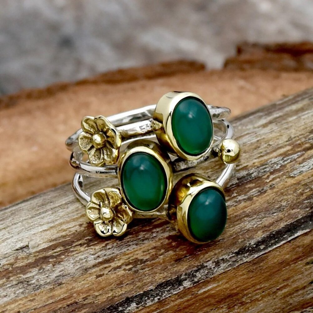 Green Onyx Silver Ring, Handmade, Two Tone Ring
